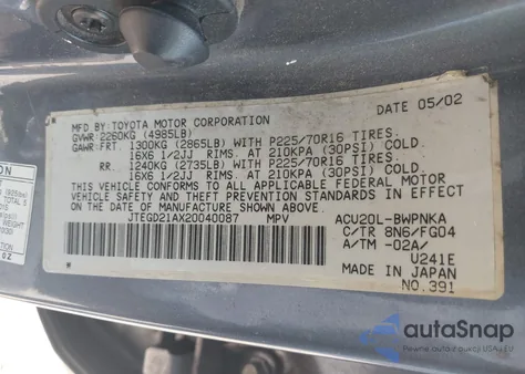 2002 Toyota Highlander из США, поврежденный, VIN JTEGD21AX20040087